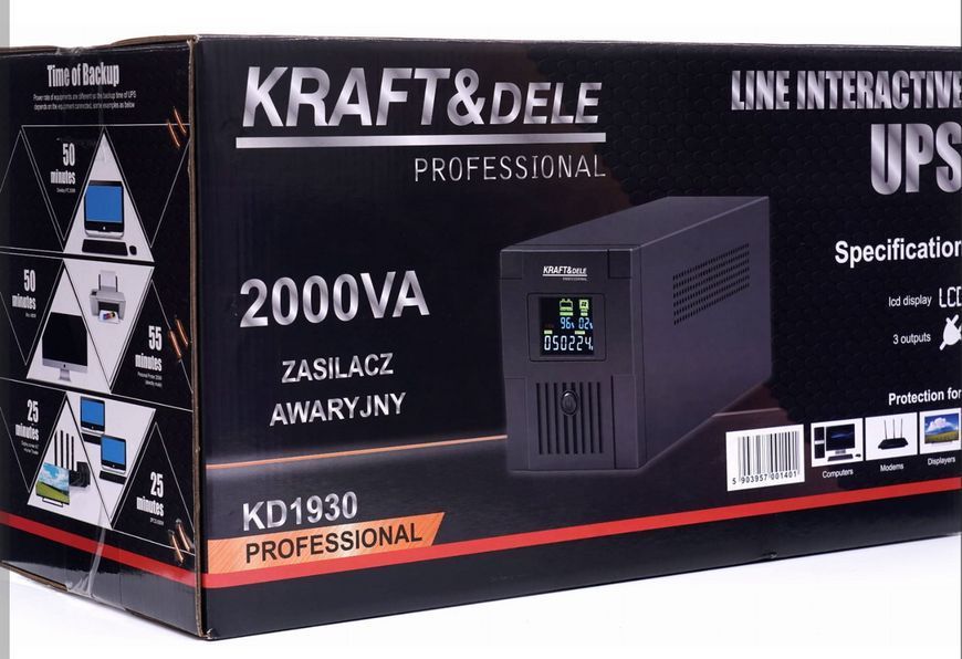 Источник бесперебойного питания (ИБП) Kraft&Dele KD1930 2000VA / 1200Вт, LCD-дисплей, линейно-интерактивный UPS для котла, ПК и KD1930 фото