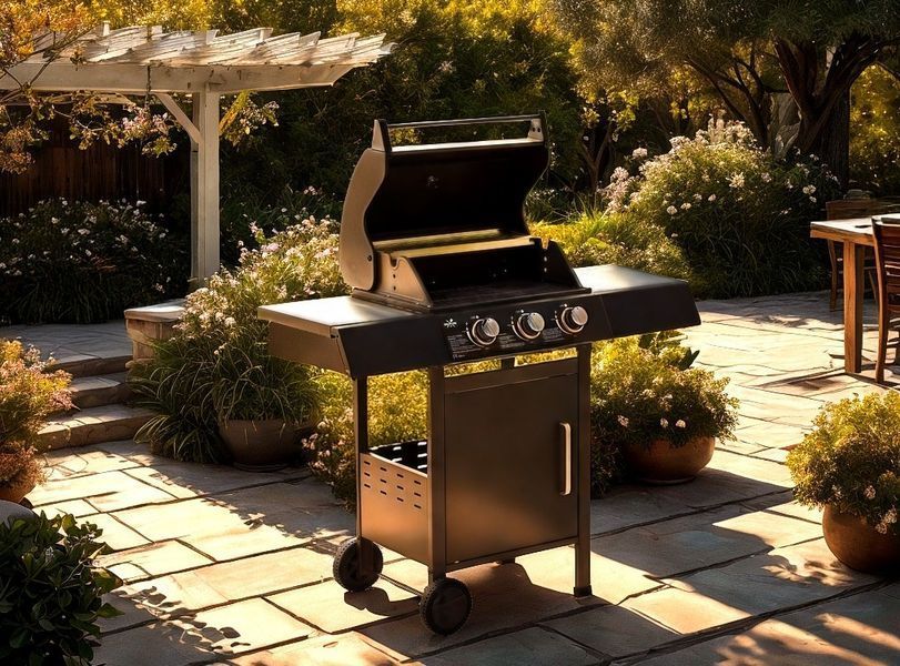 Гриль-барбекю газовый на 3 горелки 8,1 кВт GardenLine BBQ8076 чугунные решетки, складные столики, редуктор. BBQ8076 фото